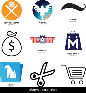 Satz von 9 einfache editierbare Symbole wie Einkaufen, Schere, Löwin, Shop Warenkorb m, Airforce, Geld, Schwarzer swish, Pheonix, Jugend Baseball, können verwendet werden. Stock Vektor