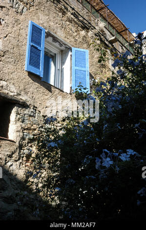 Ein paar Fenster Fensterläden an einem Haus in einem mittelalterlichen Bergdorf, Pigna in der Balagne Korsika, nordöstlich von Calvi. Pigna ist ein beliebter Stockfoto