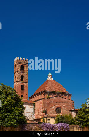 Mittelalterliche Glockenturm und Kuppel der Kirche der Heiligen Johannes und Reparata in Lucca (mit Kopie Raum oben) Stockfoto