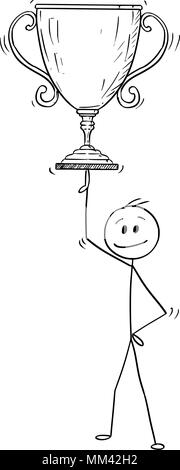 Cartoon von Mann oder Geschäftsmann Balancing Sieger Trophy Schale auf einem Finger Stock Vektor