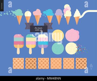 Ice Cream scoops im Waffle Kegel-Flachbild cartoon Vector Illustration von Eis am Stiel, Eis, Vanille, Minze, Pink, Lila und Obst Schaufeln, Waffel Stock Vektor