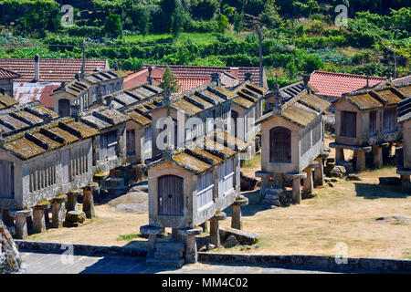 Espigueiros, die alten und traditionellen Stein Getreidespeicher der Lindoso. Peneda Gerês National Park, Portugal Stockfoto