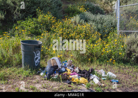 Mülleimer und Papierkorb in Ballona Wetlands, Playa Vista, Los Angeles, Kalifornien Stockfoto