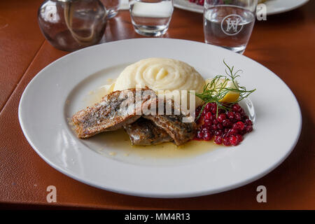 Hering gebraten mit Kartoffelpüree und Preiselbeere 2018 Stockfoto