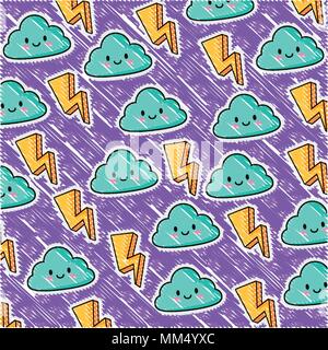 Hintergrund des Blitzes und kawaii Wolken Muster, farbenfrohen Design. Vector Illustration Stock Vektor