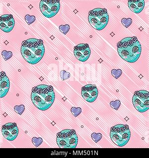 Hintergrund der Alien und Herzen Muster, farbenfrohen Design. Vector Illustration Stock Vektor