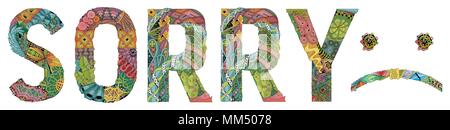 Handgemalte Kunst Design. Hand gezeichnete Bild Wort tut uns Leid mit den traurigen Emoji für t-shirt und andere Dekoration Stock Vektor