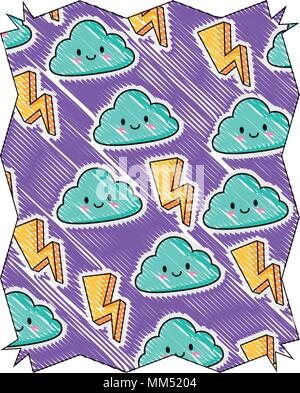 Abstrakte Rahmen mit Blitz und kawaii Wolken Muster auf weißem Hintergrund, farbenfrohen Design. Vector Illustration Stock Vektor