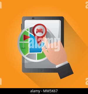Gps-navigation Anwendung orange Hintergrund Hand wies Bildschirm Aufkleber lage Auto weger Vector Illustration Stock Vektor