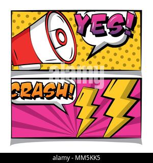 Pop Art Comic banner Lautsprecher chrash ja Text retro Vektor illustration Stock Vektor