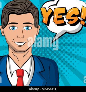 Unternehmer tragen Anzug Krawatte Sprechblase pop art comic Vector Illustration Stock Vektor