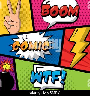 Comic pop art Hintergrund Sprechblasen hand Frieden lieben Boom Vector Illustration Stock Vektor