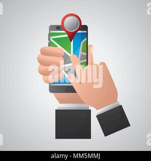 Gps-navigation Anwendung Hände halten Handy rot Lageplan Vector Illustration Stock Vektor