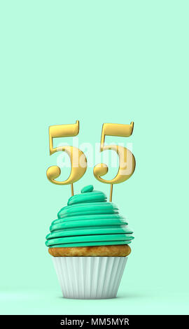 Nummer 55 Mint Green Geburtstagsfeier Cupcake. 3D-Rendering Stockfoto