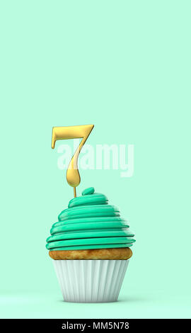 Nummer 7 Mint Green Geburtstagsfeier Cupcake. 3D-Rendering Stockfoto