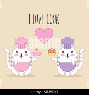 Kawaii Küchenchef Katzen Tier cartoon mit Kuchen und Kaffee Vector Illustration Stock Vektor