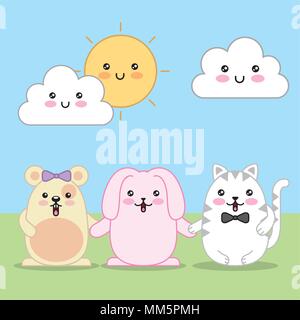 Kawaii Kaninchen Maus und Katze cartoon Wolken und Sonne Vector Illustration Stock Vektor