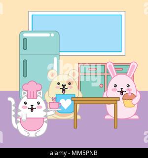 Köche Cat Kaninchen Maus kawaii in Küche cartoon Vector Illustration Stock Vektor