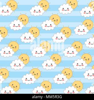 Kawaii adorables Sonne und Wolken glücklich Muster Vector Illustration Stock Vektor