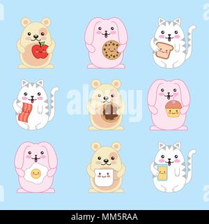 Kawaii katze maus Kaninchen cartoon Holding essen Vector Illustration Stock Vektor