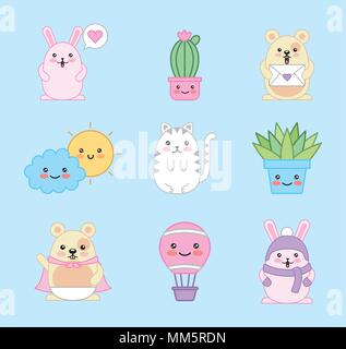 Kawaii cartoon katze maus Kaninchen cactus Cloud sun Vektor illustration Stock Vektor