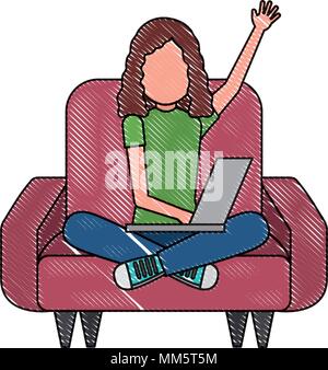 Frau sitzt und studieren auf dem Sofa mit Laptop Vector Illustration Stock Vektor