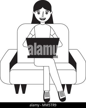 Frau sitzt und studieren auf dem Sofa mit Laptop Vector Illustration Stock Vektor