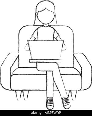 Frau sitzt und studieren auf dem Sofa mit Laptop Vector Illustration Stock Vektor