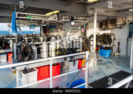 Tauchen Sie das Zahnrad auf dem Deck eines Tauchsafari Boot bereit für den nächsten Tauchgang am Great Barrier Reef in Australien. Stockfoto