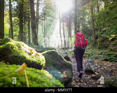 Frau auf Wanderung im Nördlichen Schwarzwald, Monbachtal, 'Bad Liebenzell', Baden-Württemberg, Deutschland Stockfoto