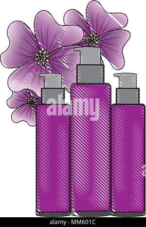 Kosmetische, plastische Flaschen Liquid Gel lotion Blüten Essenz Vector Illustration Zeichnung Stock Vektor