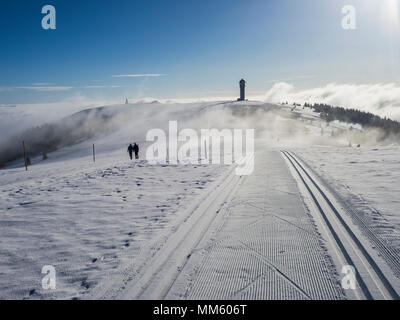 Feldberg seebuck Gipfel mit Turm und zwei Wanderer, Schwarzwald, Deutschland Stockfoto