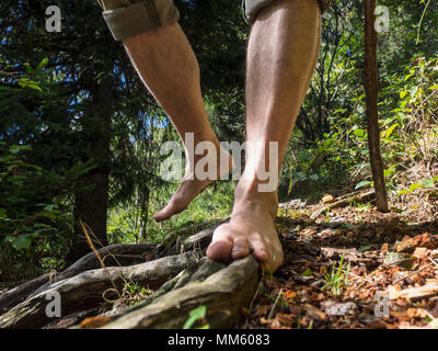 Ältere Menschen wandern, die Barfuß im Mittleren Schwarzwald Baden-Württemberg, Deutschland Stockfoto