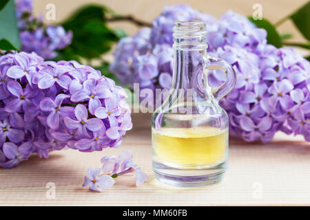 Lila Öl in transparente Flasche, herrlich duftenden Körper Öl, Flieder, Lila Blumen, Parfüm, Wellness noch Leben mit lila Blumen und wesentliche Oi Stockfoto