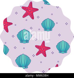 Kreisförmige Rahmen mit Muscheln und Seesternen Muster auf weißem Hintergrund, farbenfrohen Design. Vector Illustration Stock Vektor