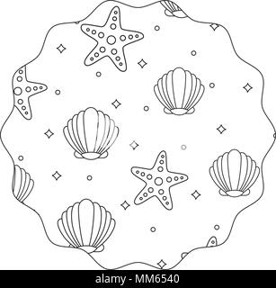 Kreisförmige Rahmen mit Muscheln und Seesternen Muster auf weißem Hintergrund, Vector Illustration Stock Vektor
