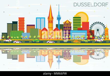 Düsseldorf Skyline mit Farbe Gebäude, blauer Himmel und Reflexionen. Vector Illustration. Stock Vektor