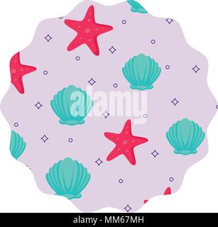 Kreisförmige Rahmen mit Muscheln und Seesternen Muster auf weißem Hintergrund, farbenfrohen Design. Vector Illustration Stock Vektor