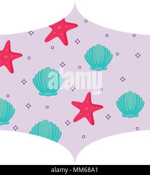 Dekorative Rahmen mit Muscheln und Seesternen Muster auf weißem Hintergrund, Vector Illustration Stock Vektor