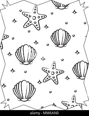 Abstrakte Rahmen mit Muscheln und Seesternen Muster auf weißem Hintergrund, Vector Illustration Stock Vektor