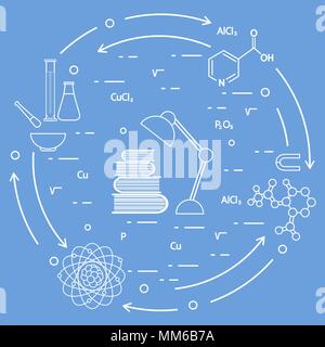 Wissenschaft, Bildung Elemente. Tischleuchte, Bücher, Flasche, Becher, Mörser, Mörser, Kristallgitter, Molekül, Magnet, Atomkern. Stock Vektor