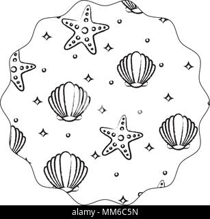 Kreisförmige Rahmen mit Muscheln und Seesternen Muster auf weißem Hintergrund, Vector Illustration Stock Vektor