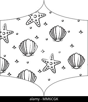 Dekorative Rahmen mit Muscheln und Seesternen Muster auf weißem Hintergrund, Vector Illustration Stock Vektor