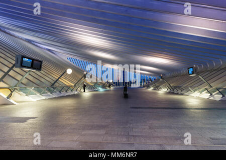 Liege, Belgien - 9. Mai 2017: Liege Guillemins Zug Bahnhof in der Dämmerung von Santiago Calatrava in Belgien. Stockfoto