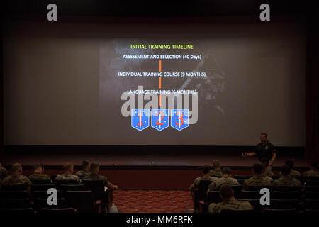 Das United States Marine Corps Forces Special Operations Command ist ein Element des United States Special Operations Command. Am 7. September 2017 übergaben Vertreter des MARSOC-Screening-Teams einen Zeitplan für das Training auf der Marine Corps Base Hawaii für Marines, die den Marine Raider-Dienst in Betracht ziehen. Das Archivbild zeichnet die im Installationssaal abgehaltene Unterrichtsvorführung auf. Stockfoto