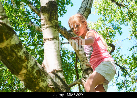 Kind, Mädchen spielen klettern auf einen Baum in einem Sommer Park Outdoor. Konzept der gesunden spielen und die Entwicklung des Kindes in der Natur Stockfoto