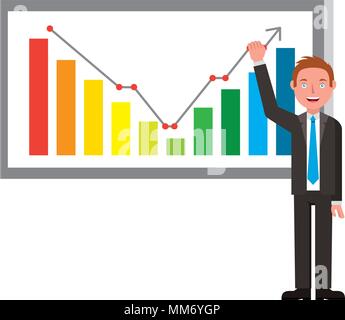 Elegante Geschäftsmann und ein Board mit Statistiken Vector Illustration Design Stock Vektor