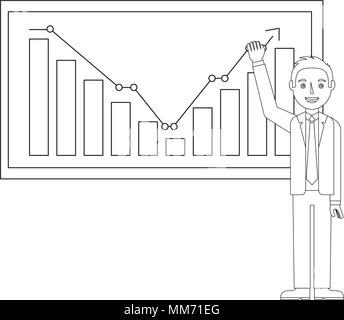 Elegante Geschäftsmann und ein Board mit Statistiken Vector Illustration Design Stock Vektor