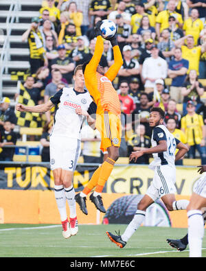 Columbus, USA. Mai 9, 2018: Philadelphia Union Torwart Andre Blake (18) nmakes gegen die Columbus Crew SC in ihre Partie speichern bei Mapfre Stadion. Brent Clark/Alamy leben Nachrichten Stockfoto