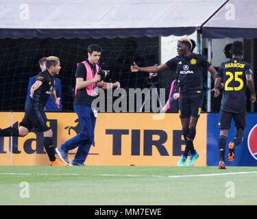 Columbus, USA. Mai 9, 2018: Columbus Crew vorwärts Christine Zerdes (11) feiert sein Tor gegen Philadelphia in ihres Gleichen an Mapfre Stadion. Brent Clark/Alamy leben Nachrichten Stockfoto